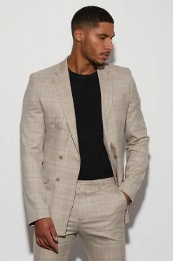 Tall Double Breasted Skinny Check Suit Jacket Beige