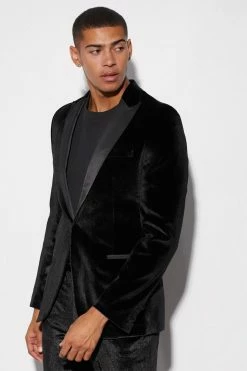 Relaxed Velour Satin Lapel Suit Jacket Black