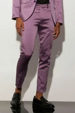 Skinny Fit Satin Crop Suit Trousers Lilac