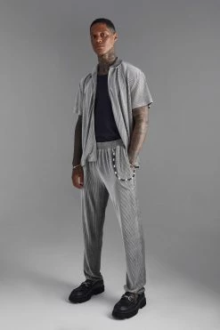 Short Sleeve Pleated Velour Boxy Shirt And Trouser Grey