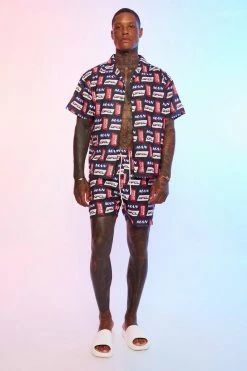 Boxy Slub Man Graphic Shirt And Shorts Set Black