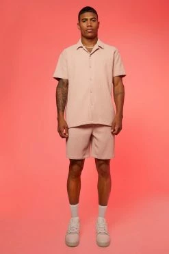 Oversized Short Sleeve Pleated Shirt And Short Light Pink