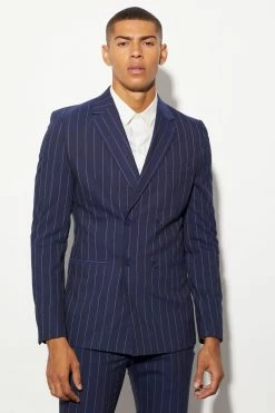 Skinny Navy Pinstripe Double Breasted Jacket Navy