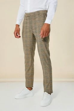 Tall Slim Check Double Breasted Suit Beige