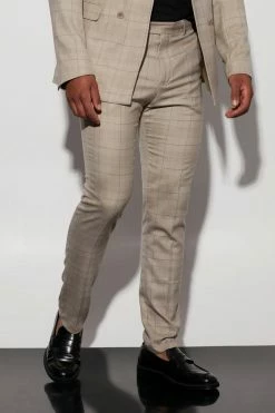 Tall Skinny Check Suit Trousers Beige