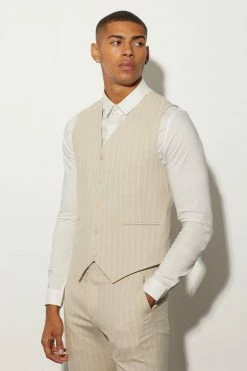 Slim Stripe Textured Waistcoat Beige