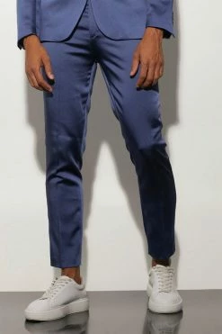 Skinny Fit Satin Crop Suit Trousers Marine Blue