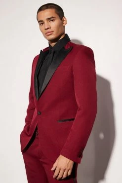 Skinny Single Breasted Tuxedo Suit Jacket Burgundy