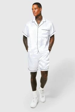 Satin Boxy Piping Shirt And Short Set White