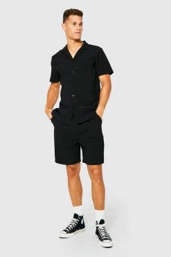 Tall Ottoman Rib Revere Collar Short Set Black