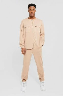 Smart Collarless Harrington And Jogger Set Taupe