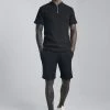 Waffle Textured Collarless Polo & Short Set Black