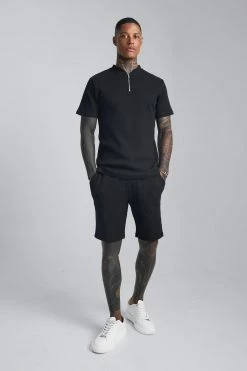 Waffle Textured Collarless Polo & Short Set Black