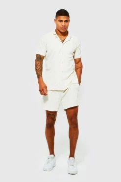 Revere Boxy Textured Shirt And Short Set Stone