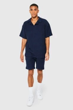 Textured Revere Polo And Short Set Navy
