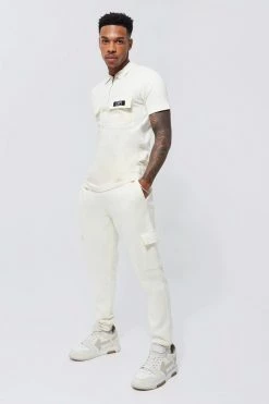 Slim Fit 1/4 Zip Cargo Polo And Jogger Set Ecru