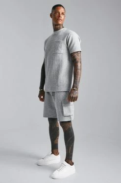 Slim Fit Waffle T-shirt And Cargo Short Set Grey Marl