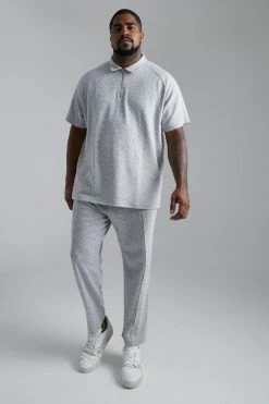 Plus Jacquard Raglan Polo &Tapered Jogger Set Grey