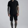 Ribbed Velour Revere Polo And Short Set Black -Boohoo man shop unnamed file 584