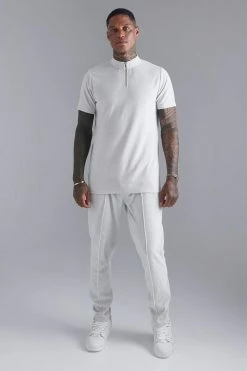 Slim Fit Velour Funnel Neck Polo And Jogger Set Light Grey