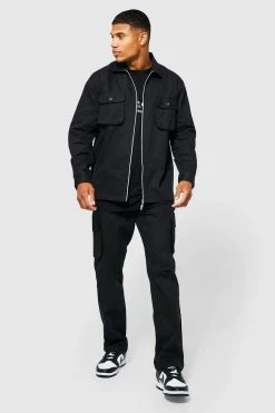 Cargo Zip Shirt And Trouser Set Black