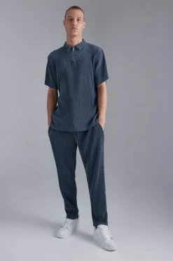 Slim Polo And Tapered Jogger Pleated Set Slate Blue