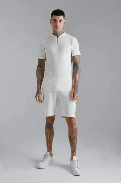 Waffle Bomber Neck 1/4 Zip Polo And Short Set Ecru