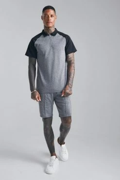 Jacquard Raglan Polo And Short Set Black