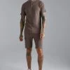 Waffle Bomber Neck 1/4 Zip Polo And Short Set Coffee