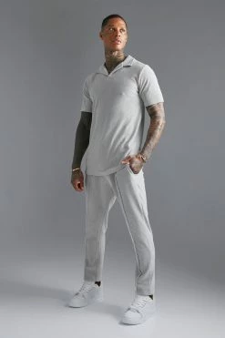 Heavyweight Ribbed Velour Polo And Jogger Set Light Grey