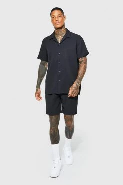 Oversized Short Sleeve Pleated Shirt And Short Black