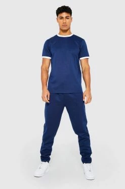 Slim Contrast Ringer T-shirt And Jogger Set Navy