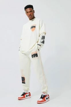 Oversized Contrast Graphic Faux Layer T-shirt Tracksuit Ecru