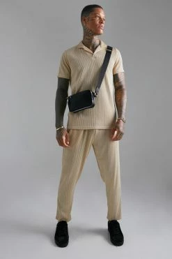Pleated Slim Revere Polo And Jogger Set Sand