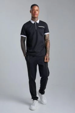 Slim Fit Contrast Polo And Jogger Black