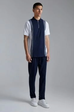Jacquard Colour Block Polo & Jogger Set Navy