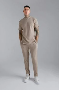 Waffle Bomber Neck Zip Polo And Jogger Set Taupe