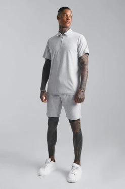Ribbed Velour 1/4 Zip Polo And Short Set Light Grey