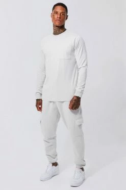 Long Sleeve Cargo T-shirt And Jogger Set Light Grey