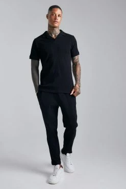 Waffle Textured Revere Polo & Jogger Set Black