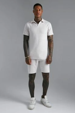 Slim Fit V-neck Waffle Polo And Short Set Ecru