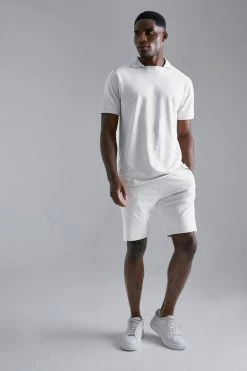 Rib Pique Polo And Short Set Light Grey
