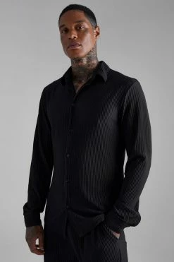 Long Sleeve Pleated Slim Fit Shirt Black