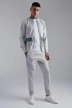 Zip Through Collarless Bomber And Jogger Set Light Grey