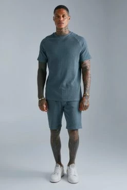 Slim Fit Waffle Raglan T-shirt And Short Set Slate Blue