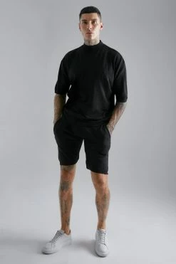 Extended Neck Oversized Knitted Tee And Short Black