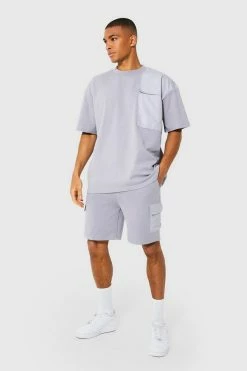 Oversized Nylon Pocket T-shirt & Short Set Grey
