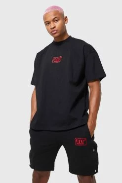 Oversized Man Popper T-shirt And Short Set Black
