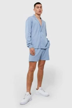 Long Sleeve Waffle Wrap Shirt And Short Blue