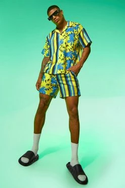 Boxy Fit Slub Spliced Stripe Shirt And Shorts Yellow